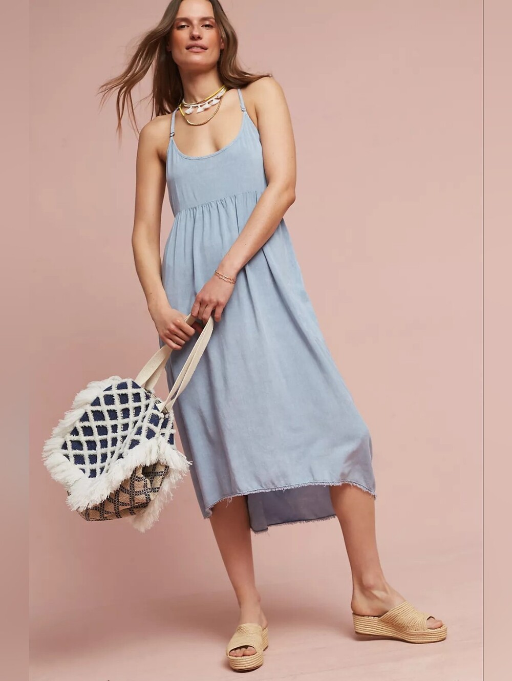 ANTHROPOLOGIE SATURDAY SUNDAY Gwendolyn Blue Chambray Smocked Midi Dress Size M